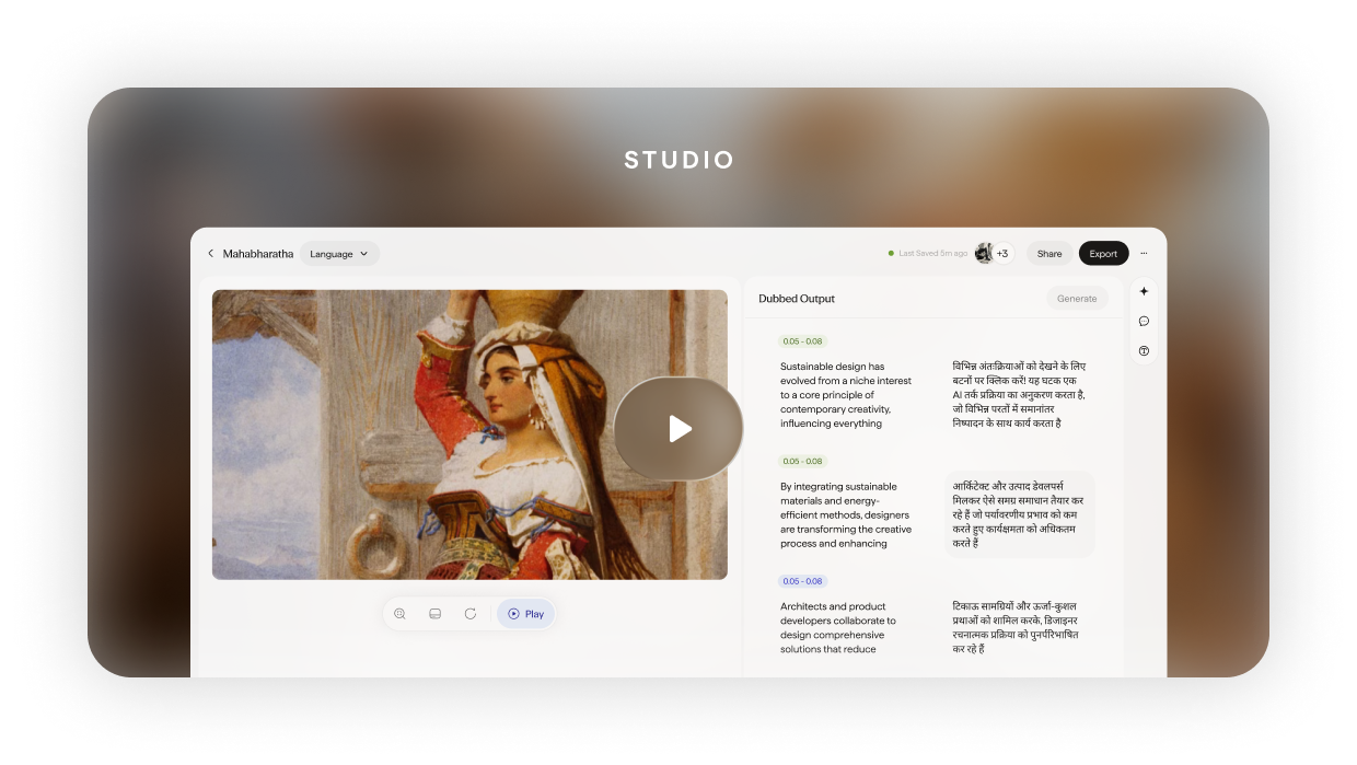 Sarvam Studio interface showing AI dubbing workflow